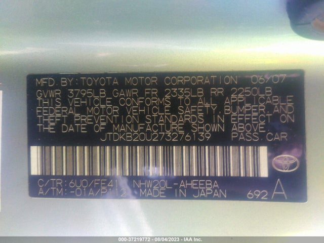 2007 TOYOTA PRIUS VIN: JTDKB20U273276139