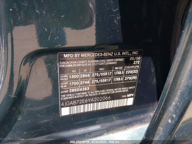 2000 MERCEDES-BENZ M-CLASS VIN: 4JGAB72E6YA202066