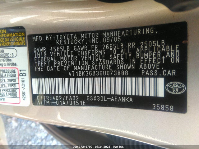 2006 TOYOTA AVALON XL/TOURING/XLS/LIMITED VIN: 4T1BK36B36U073888