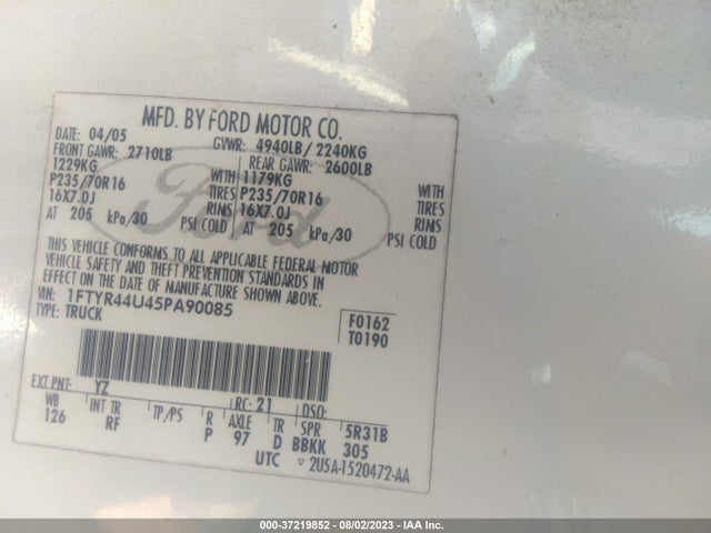 2005 FORD RANGER XLT/EDGE/STX VIN: 1FTYR44U45PA90085