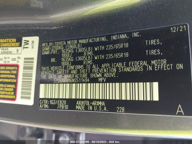 Toyota HIGHLANDER HYBRID 2022 5TDGARAH6NS511494 Image 9