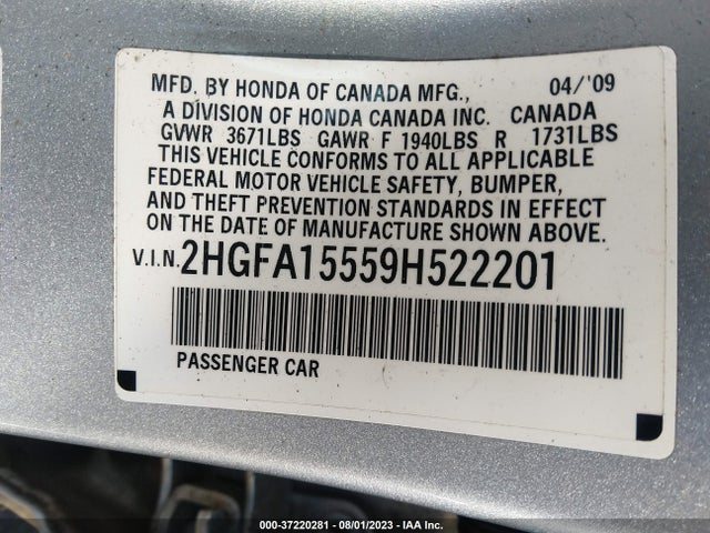 2009 HONDA CIVIC SDN LX VIN: 2HGFA15559H522201