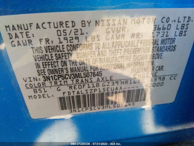 3N1CP5CV3ML507645 Nissan KICKS SV