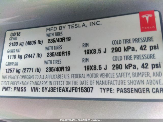 5YJ3E1EAXJF015307 Tesla Model 3 Mid Range/long Range