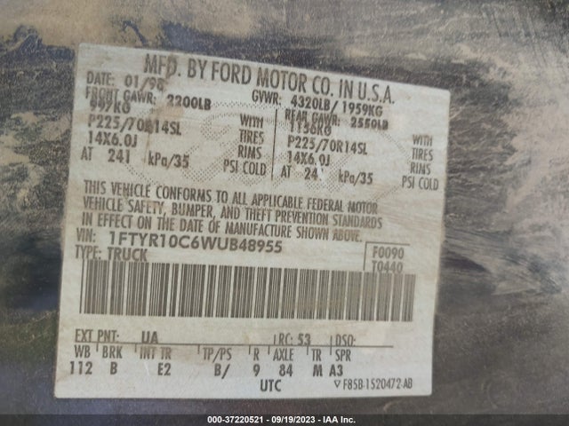 1998 FORD RANGER XL/XLT/SPLASH VIN: 1FTYR10C6WUB48955