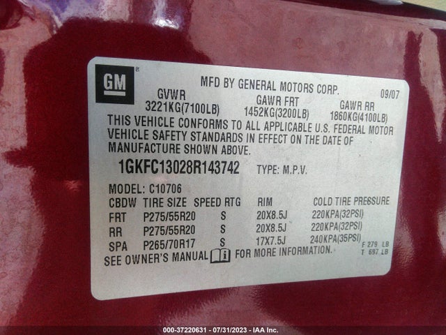 2008 GMC YUKON SLT W/4SA VIN: 1GKFC13028R143742