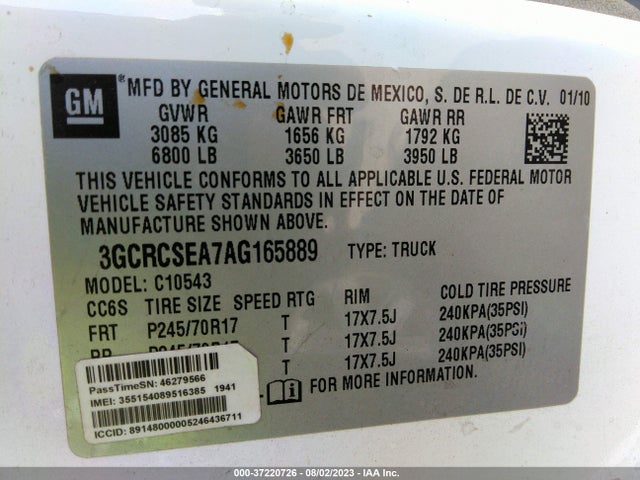 2010 CHEVROLET SILVERADO 1500 LT VIN: 3GCRCSEA7AG165889