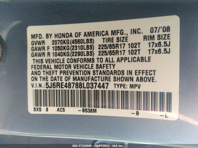 2008 HONDA CR-V EX-L VIN: 5J6RE48788L037447