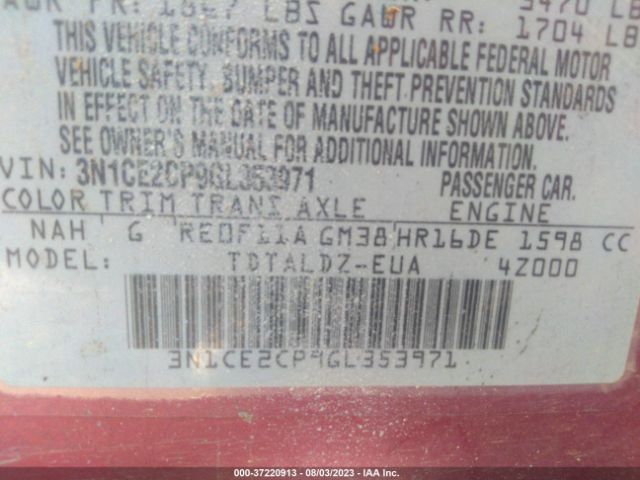 3N1CE2CP9GL353971 Nissan Versa Note S/s Plus/sv/sr/sl