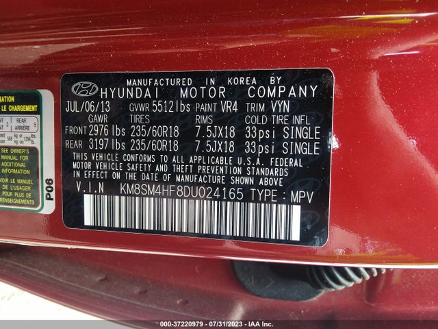2013 HYUNDAI SANTA FE GLS VIN: KM8SM4HF8DU024165