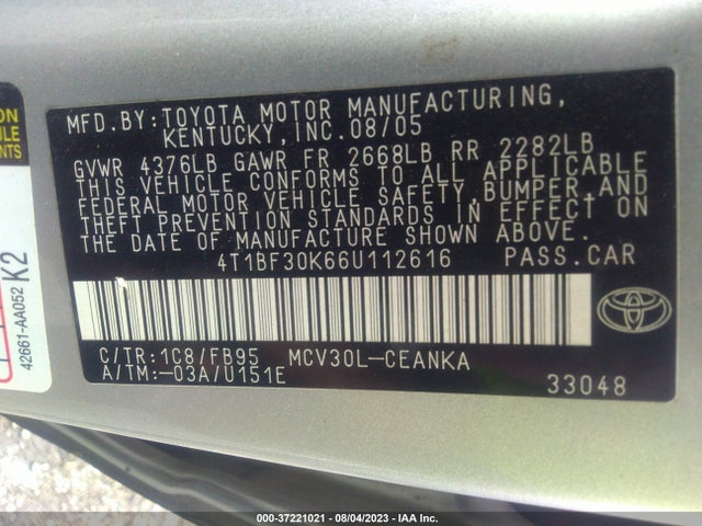 2006 TOYOTA CAMRY V6 VIN: 4T1BF30K66U112616