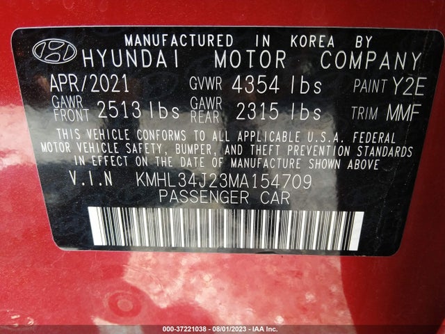 Hyundai Sonata Limited 2021 KMHL34J23MA154709 Image 9