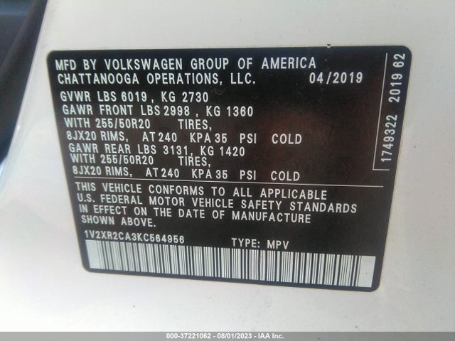 1V2XR2CA3KC564956 Volkswagen Atlas 3.6l V6 Se W