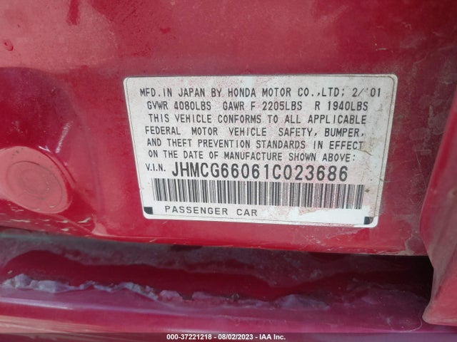 2001 HONDA ACCORD SDN EX W/LEATHER VIN: JHMCG66061C023686