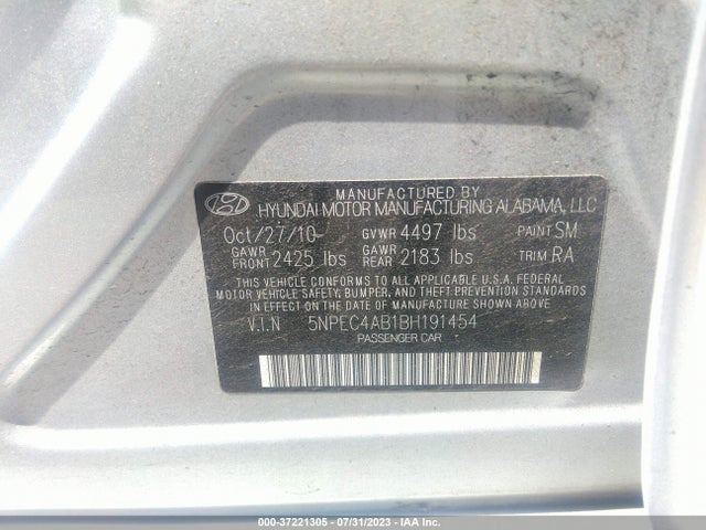 2011 HYUNDAI SONATA SE VIN: 5NPEC4AB1BH191454