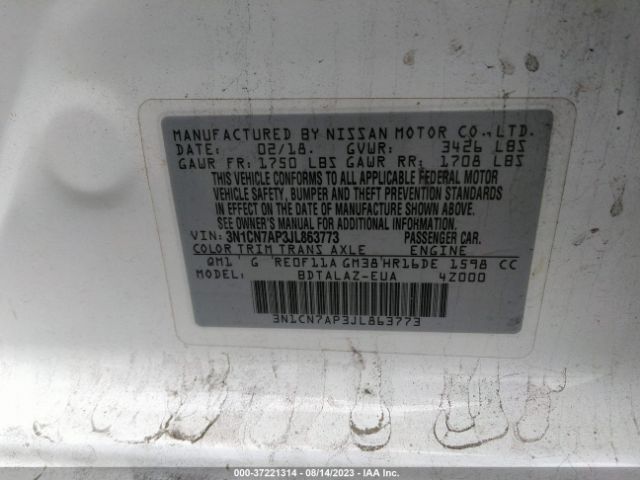 3N1CN7AP3JL863773 Nissan Versa Sedan S Plus