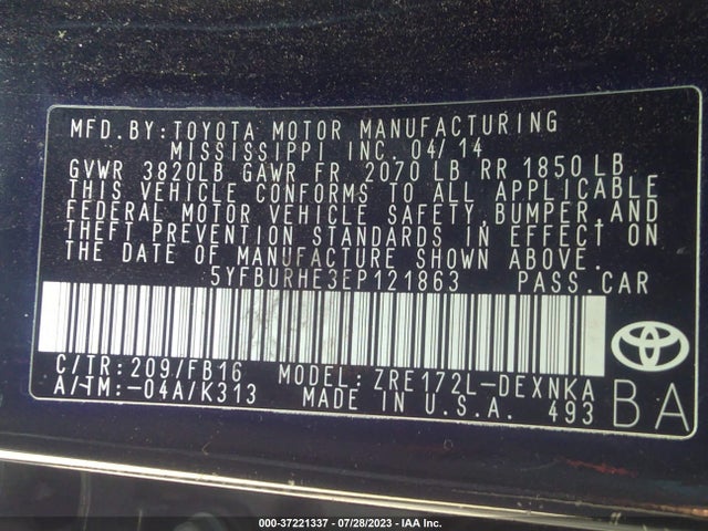 Toyota Corolla L/le/s/s Plus/le Plus 2014 5YFBURHE3EP121863 Image 9
