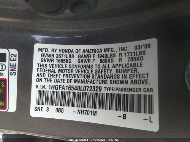 2008 HONDA CIVIC SDN LX VIN: 1HGFA16548L072329