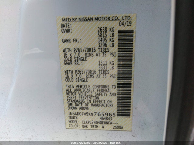 2019 NISSAN FRONTIER SV VIN: 1N6AD0FV9KN765965