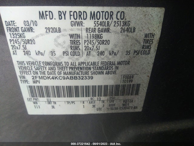 2010 FORD EDGE LIMITED VIN: 2FMDK4KC9ABB32339