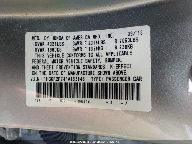 Honda Accord Sedan Ex 2015 1HGCR2F74FA152046 Image 9