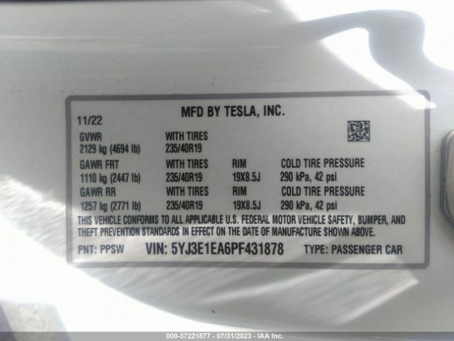 5YJ3E1EA6PF431878 Tesla MODEL 3