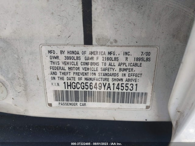2000 HONDA ACCORD SDN LX VIN: 1HGCG5649YA145531