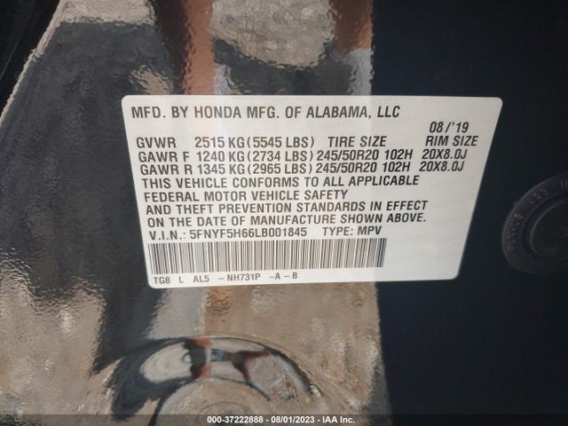 Honda Pilot Touring 7-passenger 2020 5FNYF5H66LB001845 Image 9
