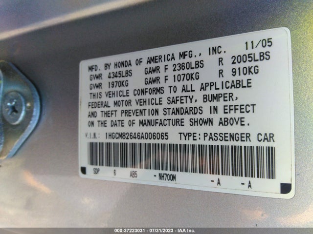 2006 HONDA ACCORD CPE EX-L V6 VIN: 1HGCM82646A006065