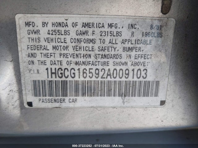 2002 HONDA ACCORD SDN EX W/LEATHER VIN: 1HGCG16592A009103