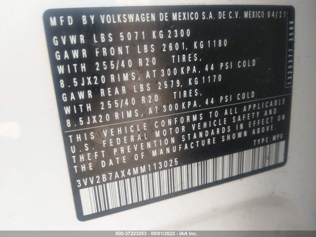 3VV2B7AX4MM113025 Volkswagen Tiguan Se/se R-line Black/sel
