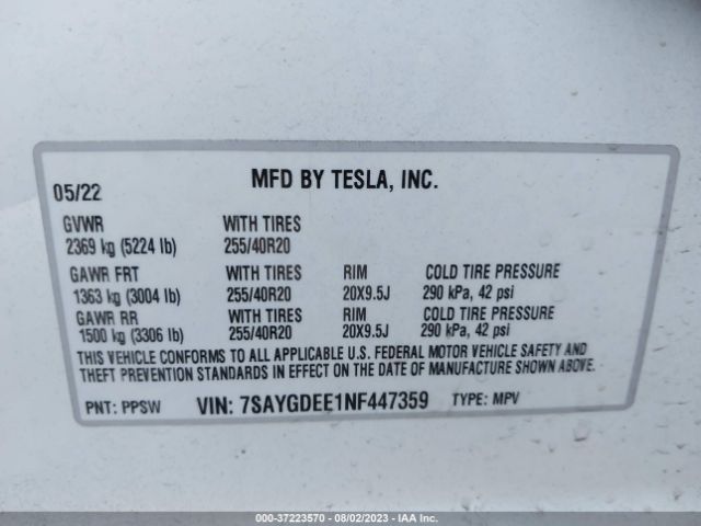 7SAYGDEE1NF447359 Tesla Model Y Long Range