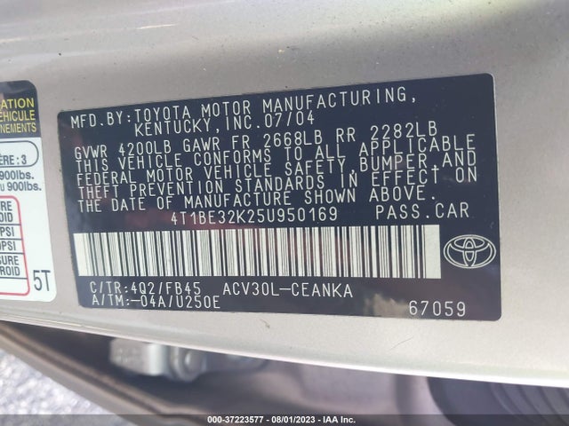 2005 TOYOTA CAMRY STD/LE/SE/XLE VIN: 4T1BE32K25U950169