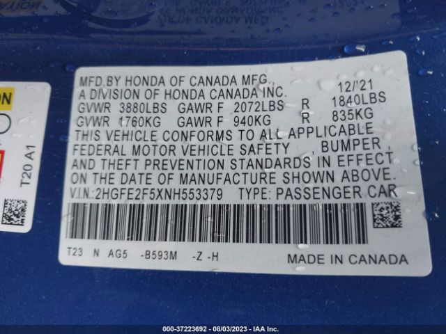 2HGFE2F5XNH553379 Honda Civic Sedan Sport