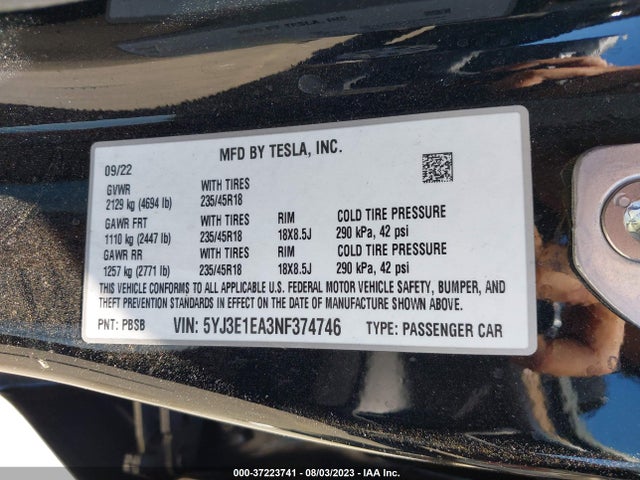 Tesla MODEL 3 2022 5YJ3E1EA3NF374746 Image 9