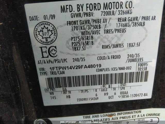 2009 FORD F-150 XL/XLT/FX4/LARIAT VIN: 1FTPW14V29FA48019