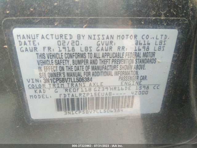 2020 NISSAN KICKS S VIN: 3N1CP5BV7LL506384