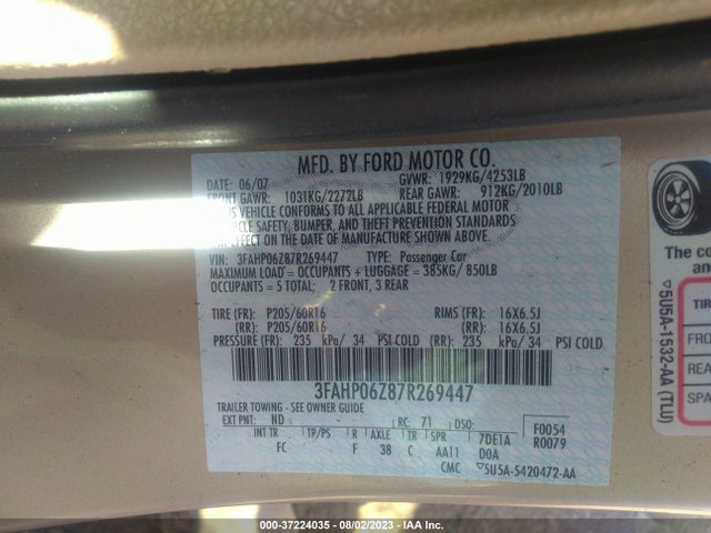2007 FORD FUSION S VIN: 3FAHP06Z87R269447