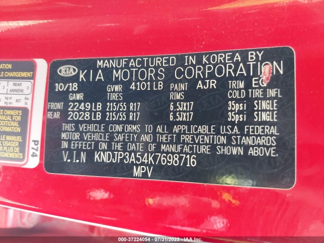KIA SOUL + 2019 KNDJP3A54K7698716 Image 16