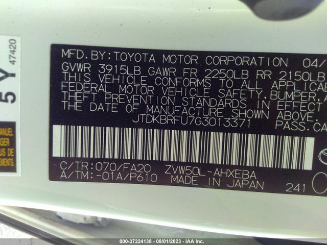 2016 TOYOTA PRIUS TWO VIN: JTDKBRFU7G3013371