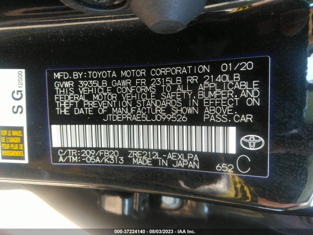 2020 TOYOTA COROLLA LE VIN: JTDEPRAE5LJ099526