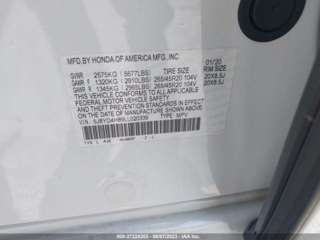 5J8YD4H89LL020339 Acura Mdx W/advance Pkg