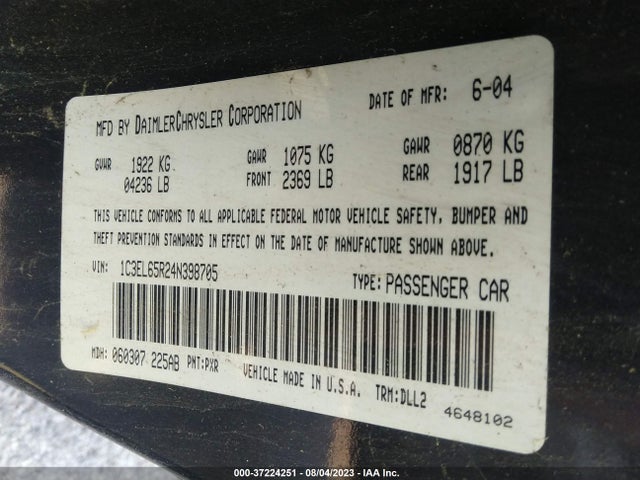 2004 CHRYSLER SEBRING LIMITED VIN: 1C3EL65R24N398705