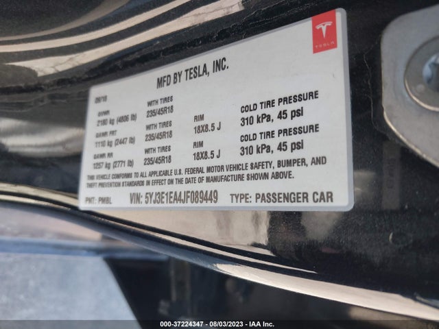 Tesla Model 3 Range Battery 2018 5YJ3E1EA4JF089449 Image 9