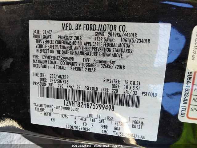 2007 FORD MUSTANG GT VIN: 1ZVHT82H875299498