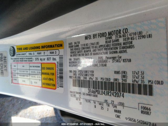 3FA6P0LU4JR242074 Ford Fusion Hybrid Se
