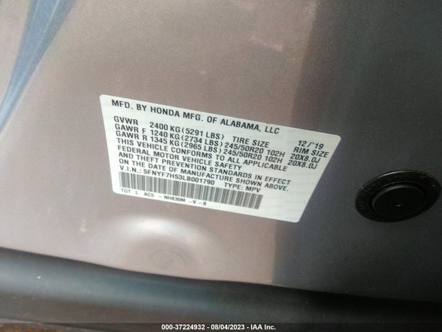 2020 HONDA PASSPORT EX-L VIN: 5FNYF7H53LB001790