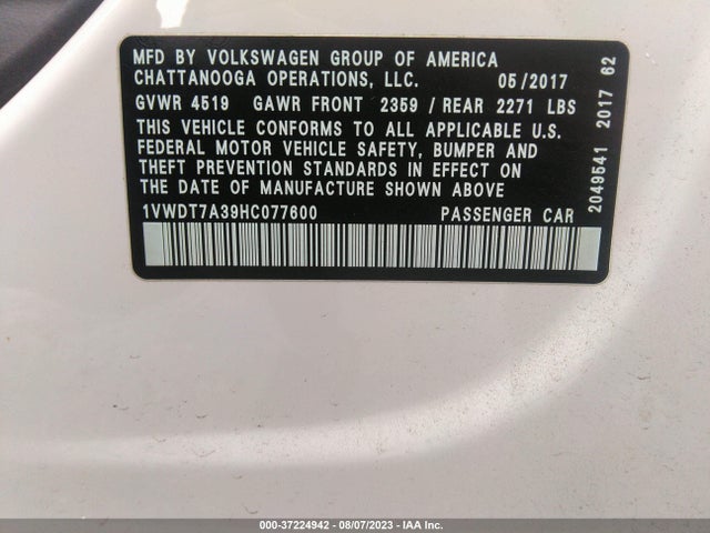 1VWDT7A39HC077600 Volkswagen Passat R-line W/comfort Pkg