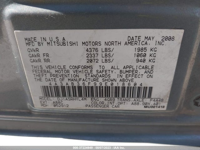 2009 MITSUBISHI GALANT ES/SPORT VIN: 4A3AB36F99E018604