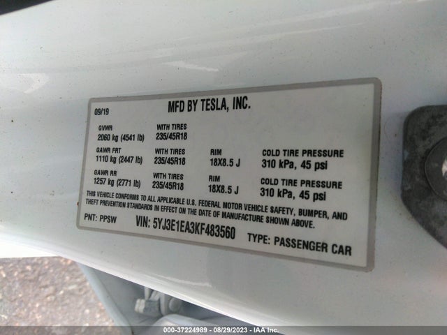 Tesla Model 3 Range 2019 5YJ3E1EA3KF483560 Image 8